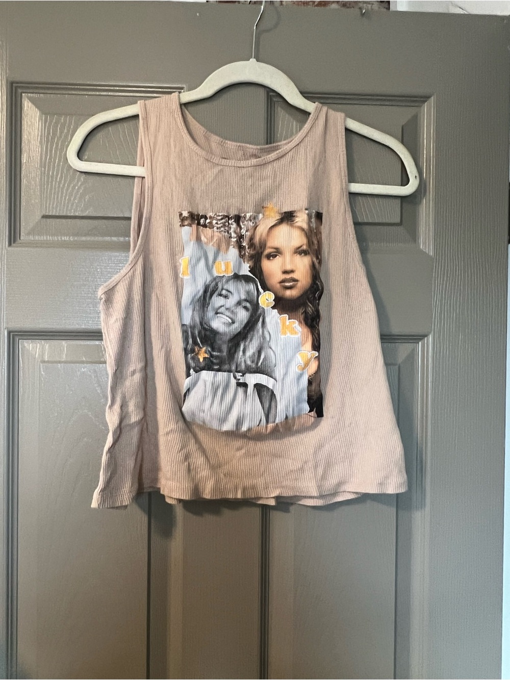 Graphic Britney Spears Sleeveless Crop Tank Top in Beige